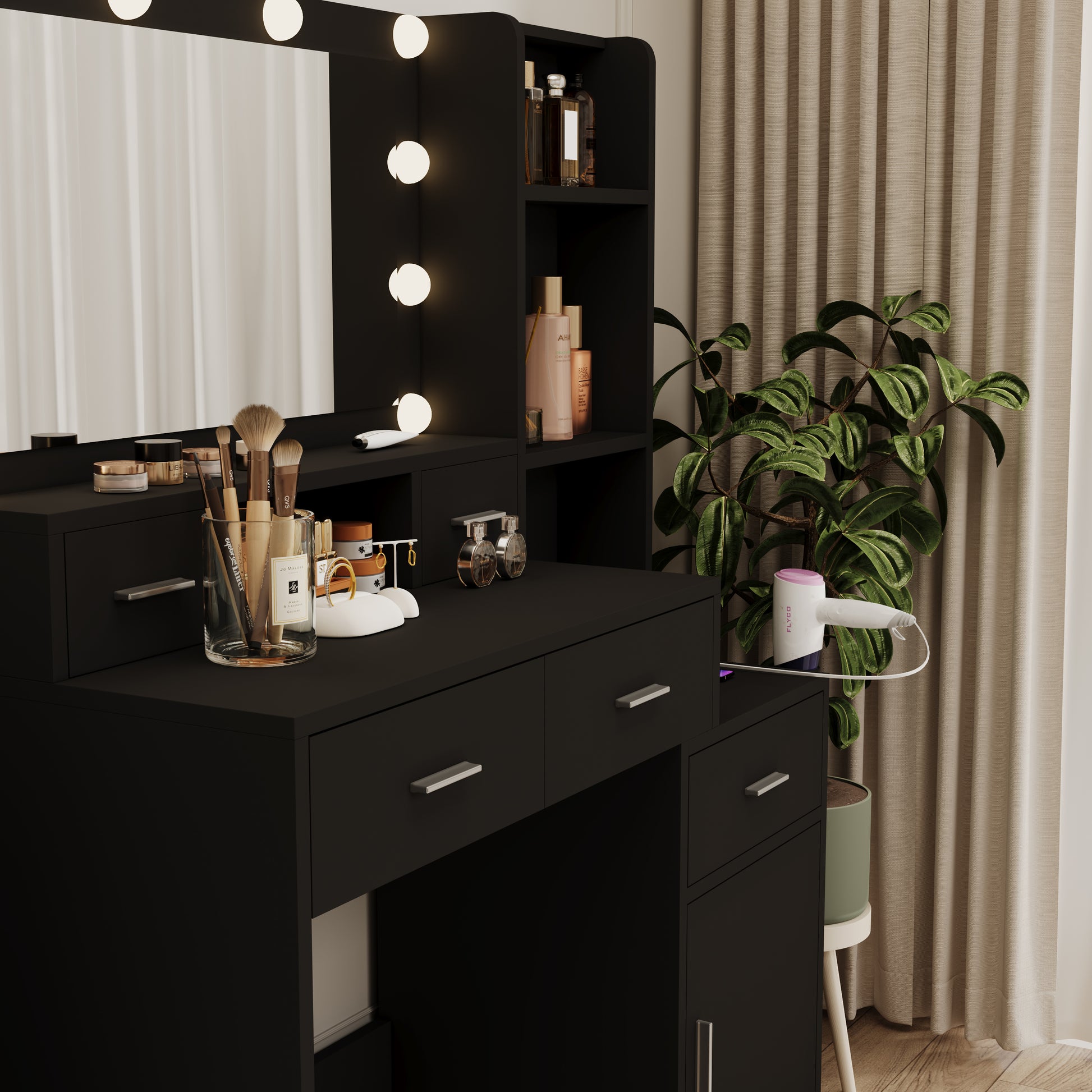 The Black Vanity With A Mirror Is Equipped With A Hair Dryer Rack, And The Dressing Tables In The Bedroom And Dressing Room Are Equipped With Dressing Mats Black 5 Drawers & Above Bedroom American