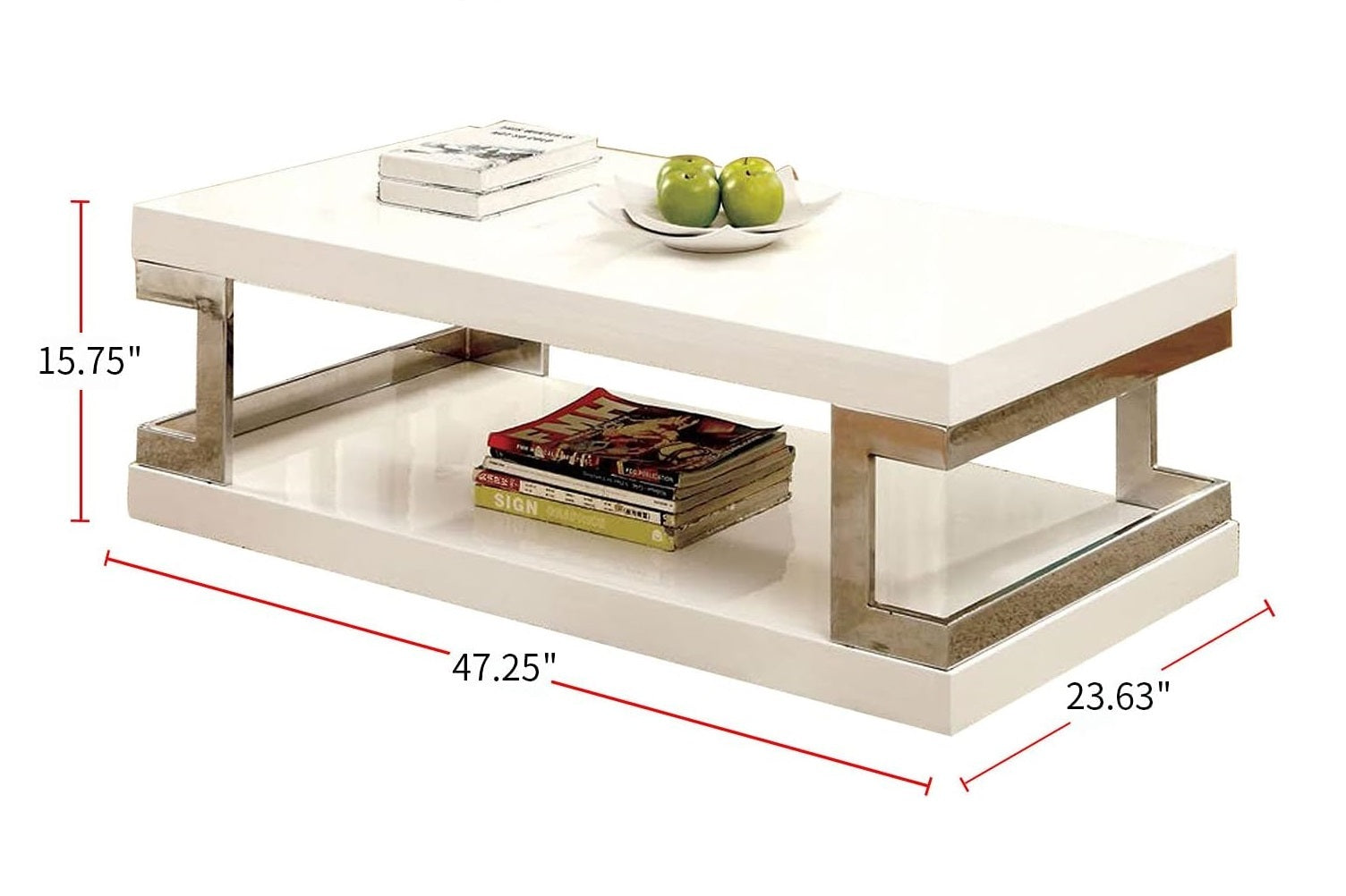 Contemporary Style White 1Pc Coffee Table Bottom Shelf High Gloss Lacquer Coating Chrome Frame Accents Living Room Furniture White Primary Living Space Antique,Classic,Contemporary,Modern,Transitional Open Storage Rectangular Coffee & End Tables Metal