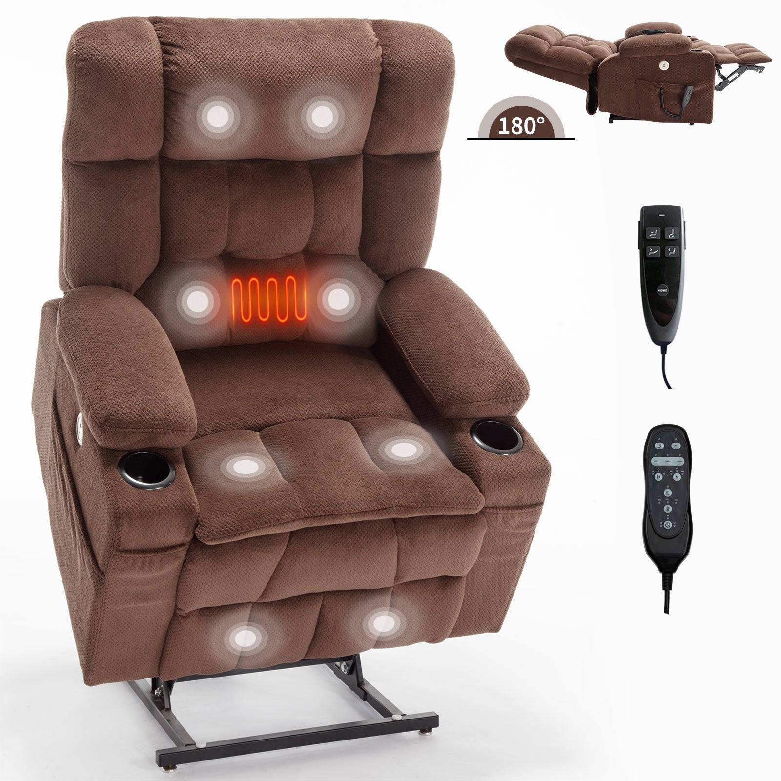 Brown Dual Motor Infinite Position Up To 350 Lbs Chenille Power Lift Recliner Chair, Heavy Duty Motion Mechanism With 8 Point Vibration Massage And Lumbar Heating, Dual Cup Holders White Metal