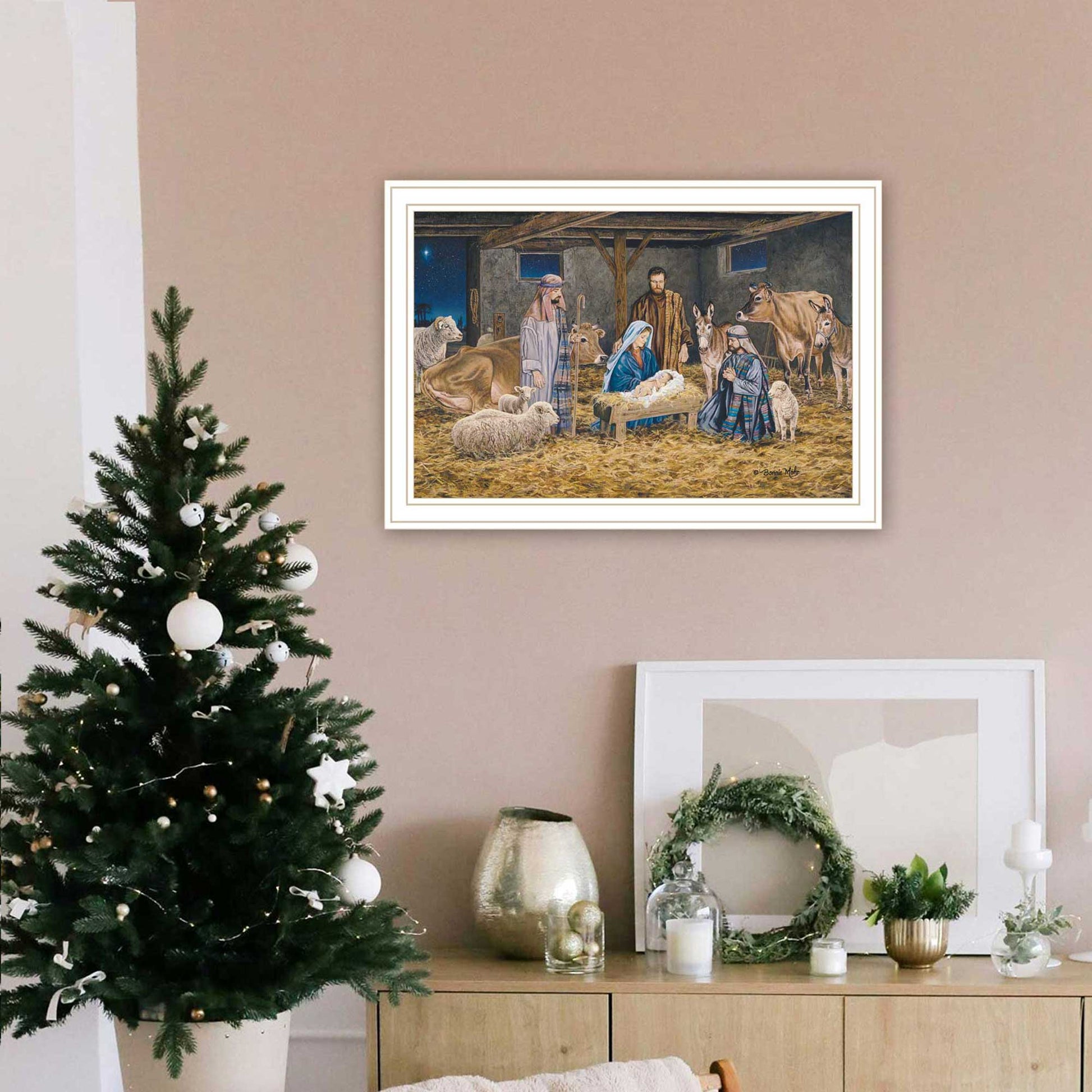 The Greatest Gift Of All The Birth Of Christ White Framed Wall Art For Living Room, Nativity Wall Art Print For Home Decor, Bedroom Wall Art By Bonnie Mohr Multicolor Wood Paper