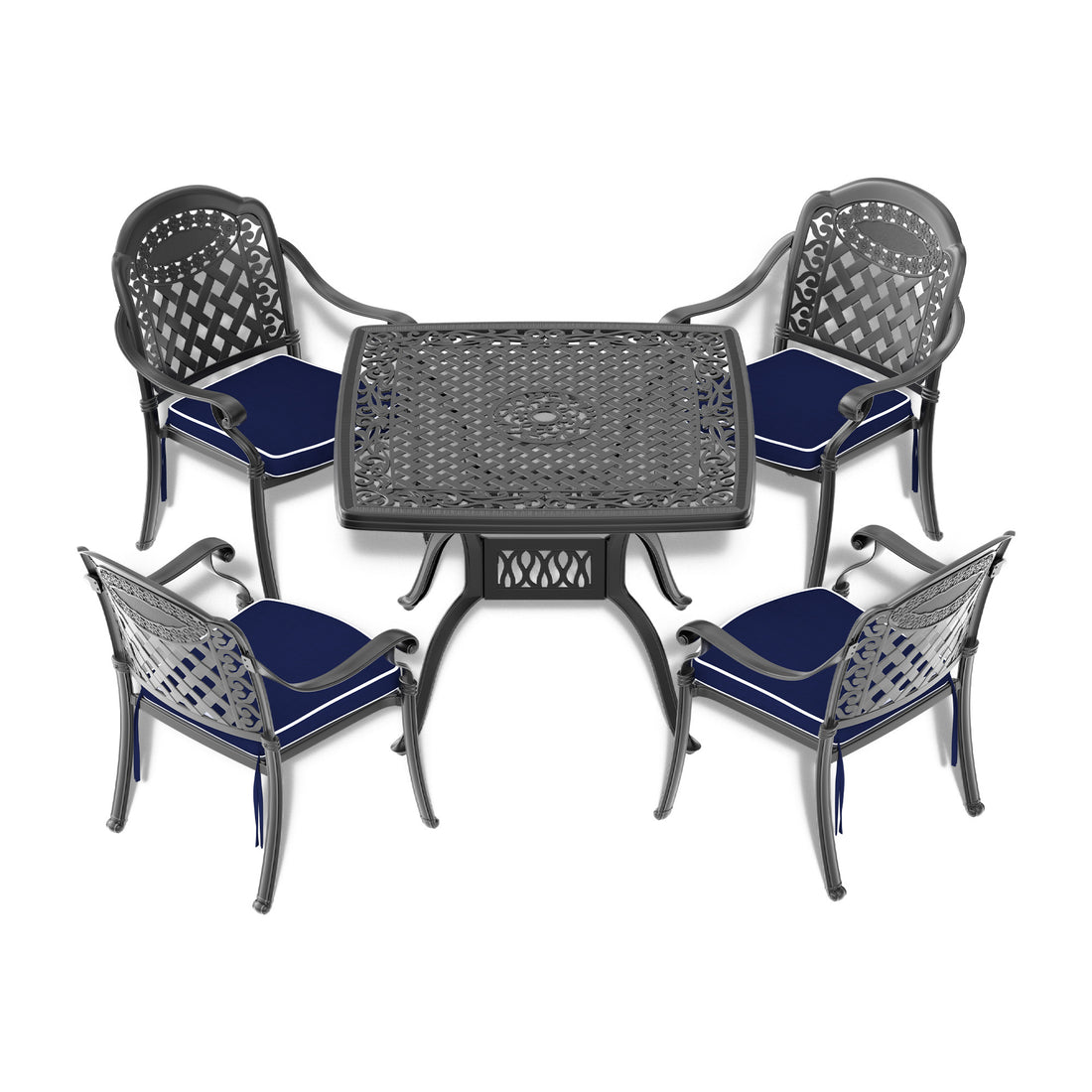 Cushions In Random Colors 5 Piece Set Of Cast Aluminum Patio Furniture With Cushions Yes Dining Set Black Seats 4 Rust Resistant Frame Water Resistant Cushion Garden & Outdoor Complete Patio Sets Aluminium