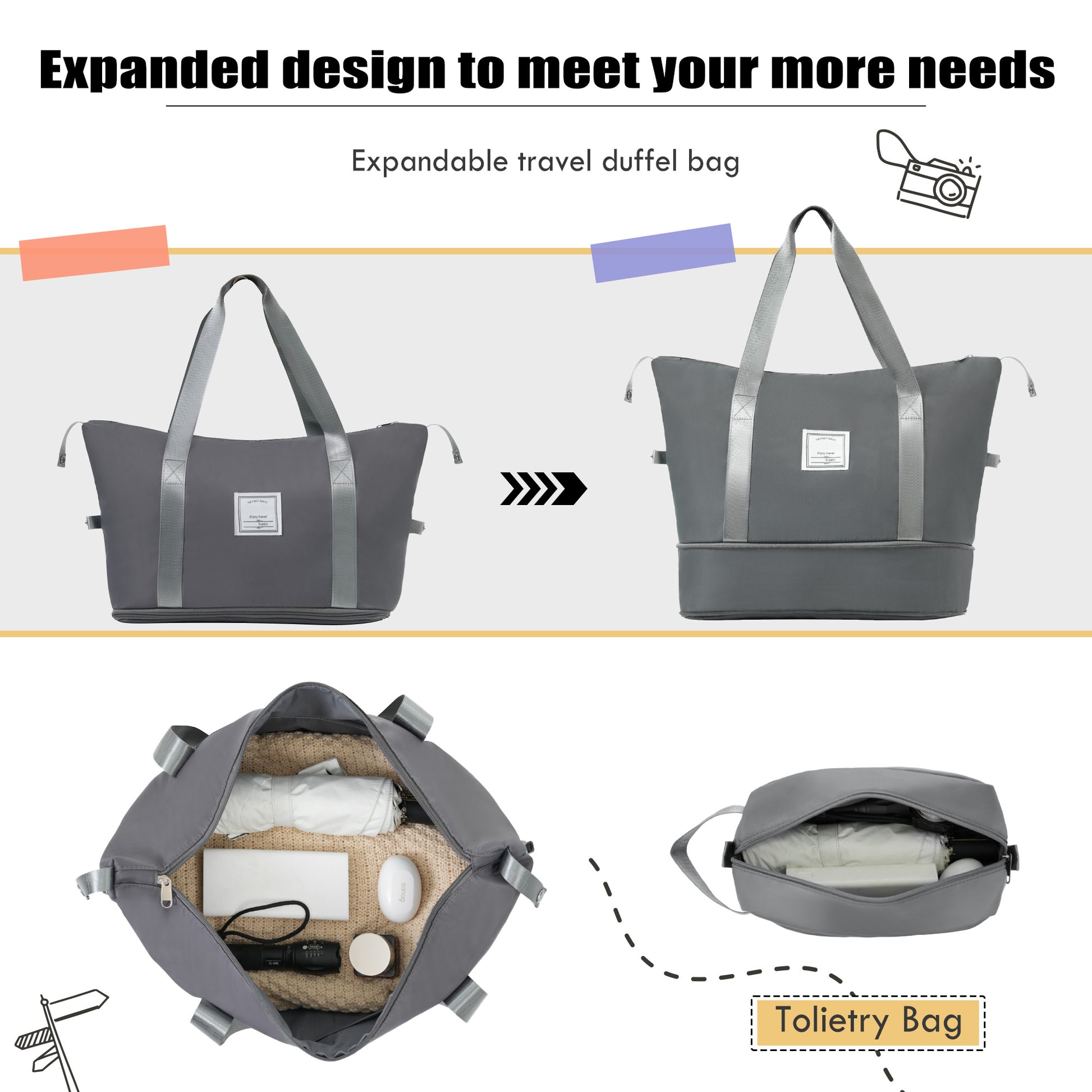 Softside Luggage Expandable 3 Piece Set Suitcase With Duffel Bag Upright Spinner Softshell Lightweight Luggage Travel Set Grey Polyester