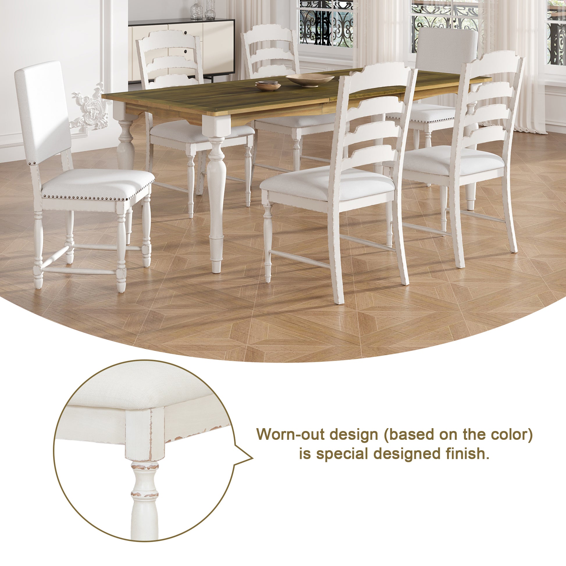 Vintage Traditional 7 Piece 82.7Inch Extendable Dining Table Set With 23.6Inch Removable Leaf, 4 Serrated Back Chairs And 2 Upholstered Back Dining Chairs For 6, Cream Brown Wood Dining Room Distressed Finish Rubberwood Rectangular Dining Table With