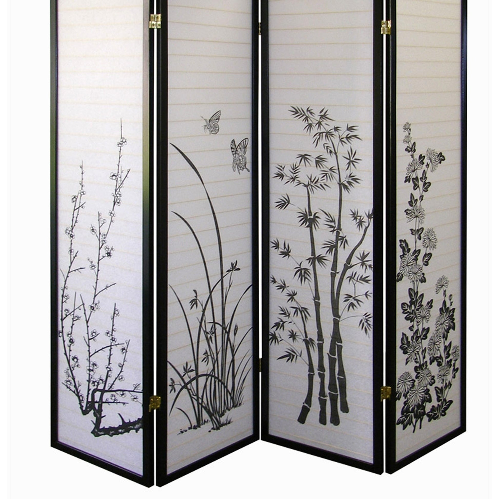 70" Tall 4 Panel Screen Room Divider, Floral Design With Black Finish Black Wood