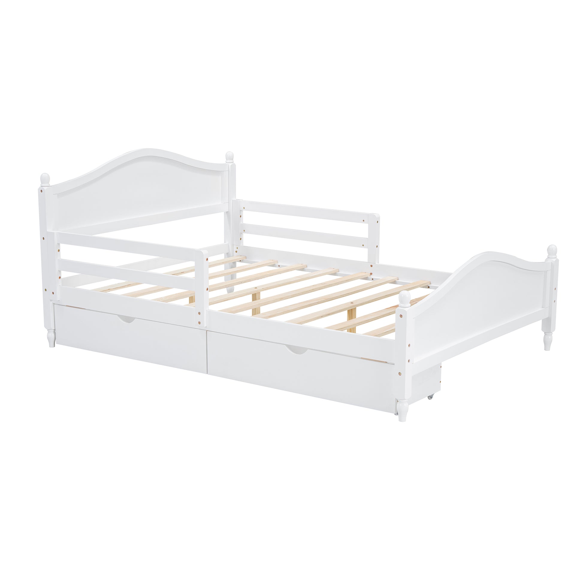 Full Size Wood Platform Bed With Guardrails On Both Sides And Two Storage Drawers ,White Full White Wood