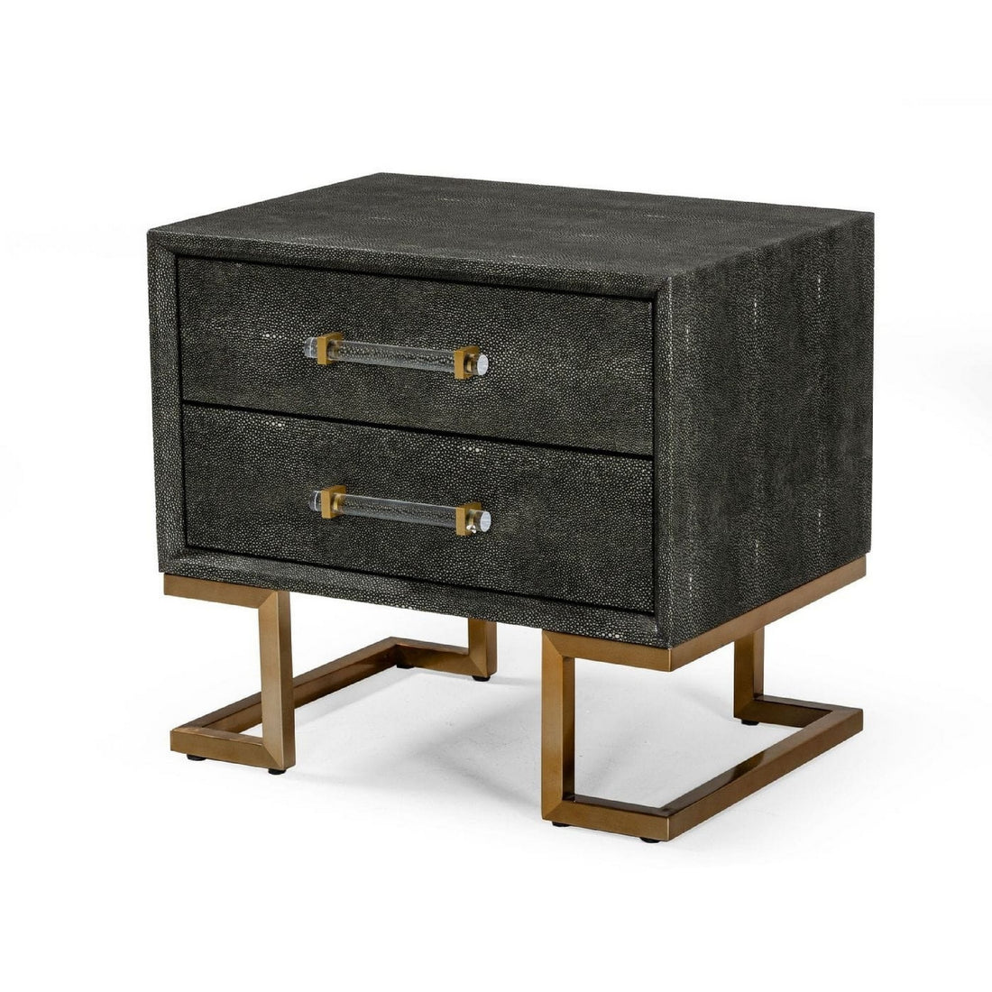 Cid Jon 24 Inch Modern Nightstand, 2 Drawers, Classic, Faux Leather, Gray Grey Gold Wood Fabric