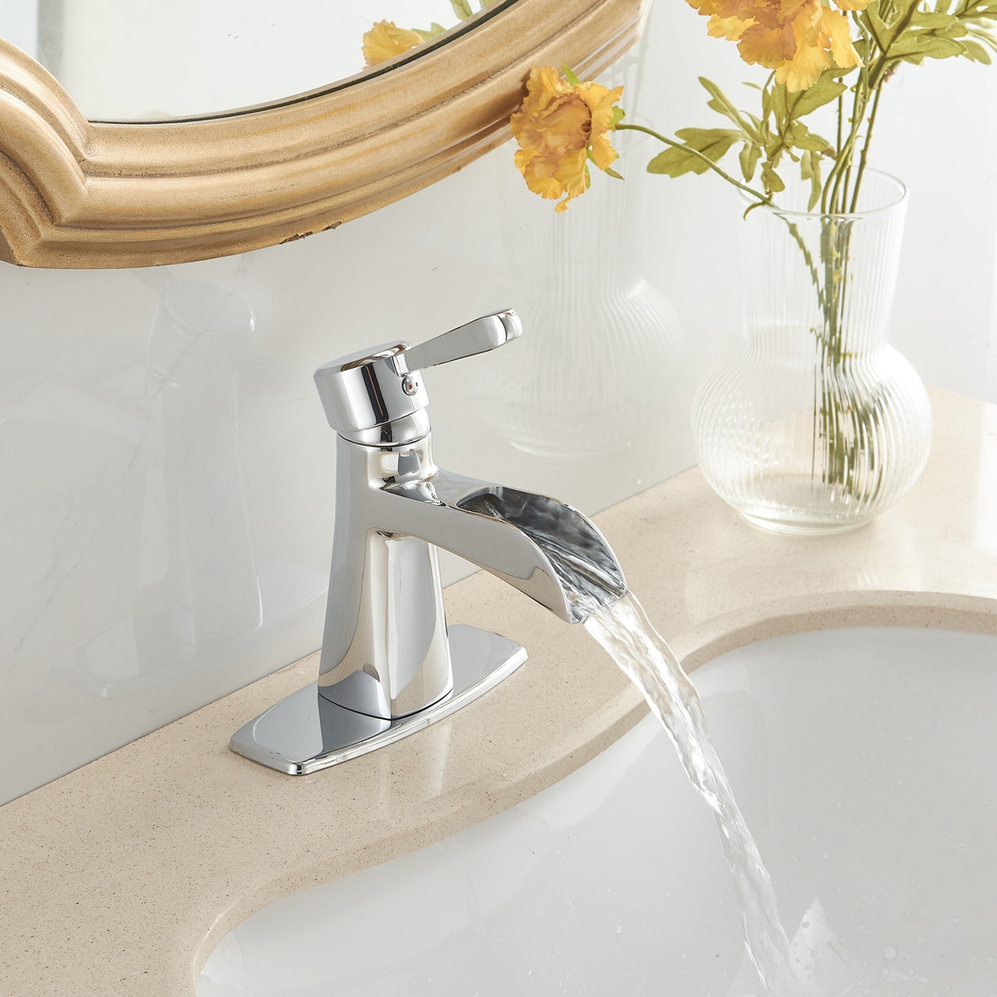 Polished Chrome Single Handle Bathroom Faucet With Waterfall Spout And Drain Chrome Brass