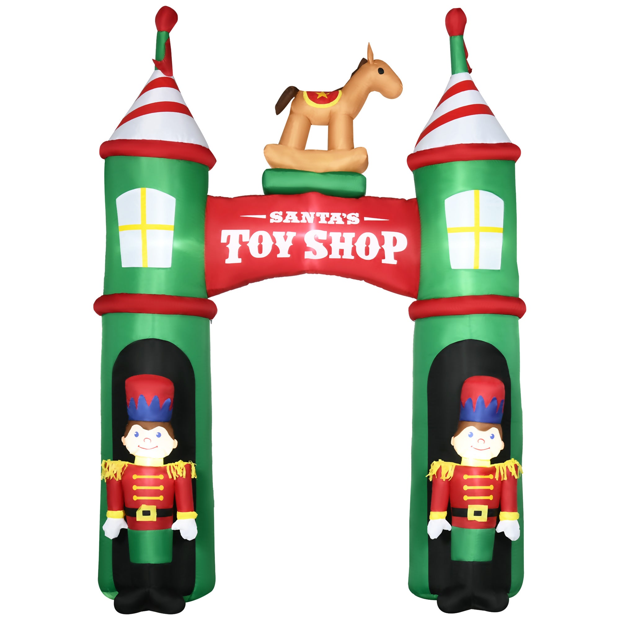 Outsunny 11.5Ft Christmas Inflatables Outdoor Decorations Archway With 2 Nutcracker Soldiers Rocking Horse, Blow Up Led Yard Christmas Decor For Lawn Garden Party Green Polyester