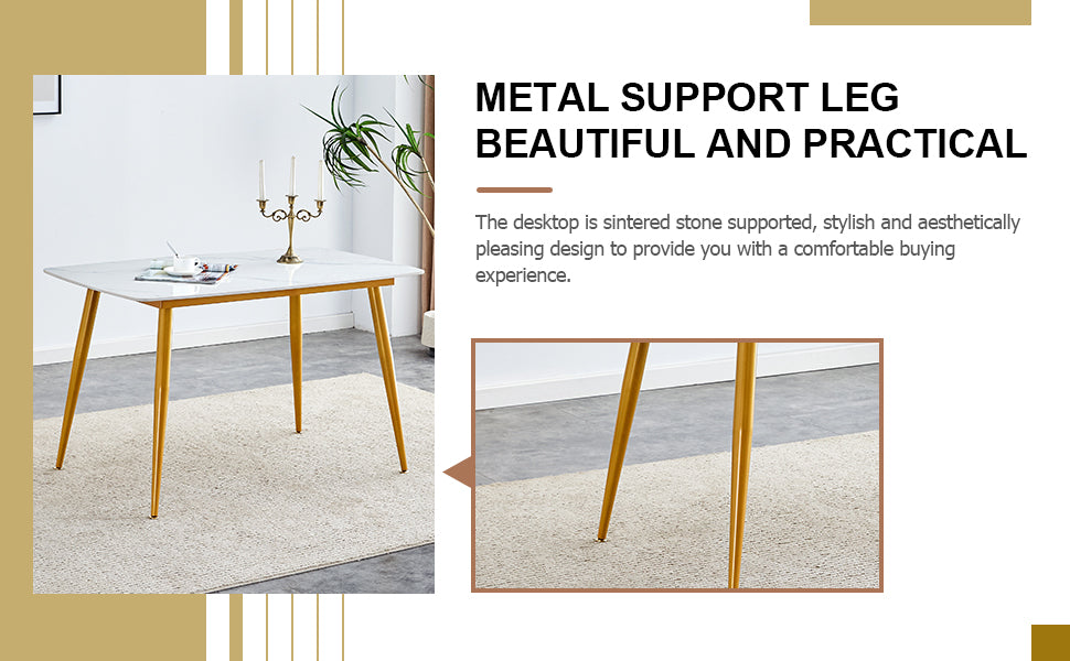 Table And Chair Set.A Morden Table With White Imitation Marble Patterned Stone Burning Tabletop With Golden Metal Legs.Paried With 4 Chairs With Pu Leather Backrest And Black Metal Legs. Light Gray,White Gold Seats 4 Metal,Sintered Stone