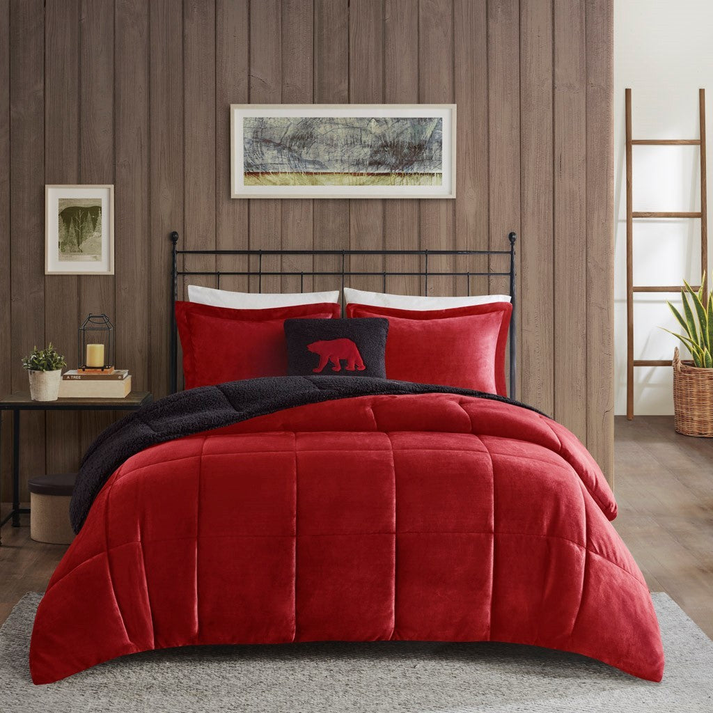 Plush To Sherpa Down Alternative Comforter Set King Red Black Polyester