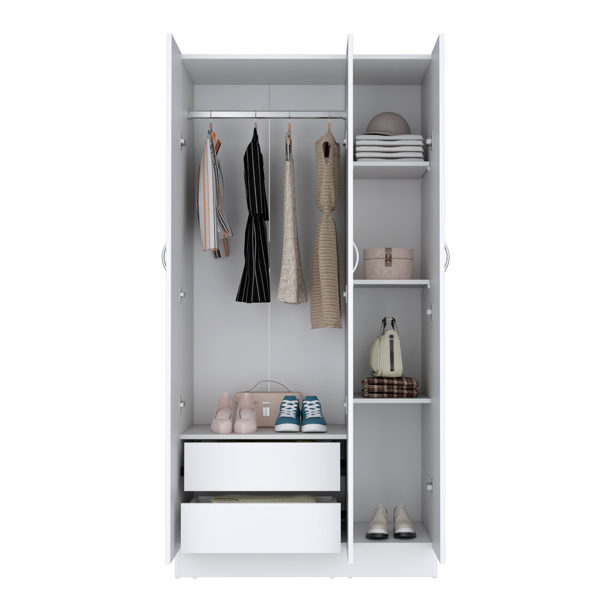 Ohio Armoire Wardrobe With 3 Doors, 2 Drawers, And 4 Tier Shelves White White Particle Board