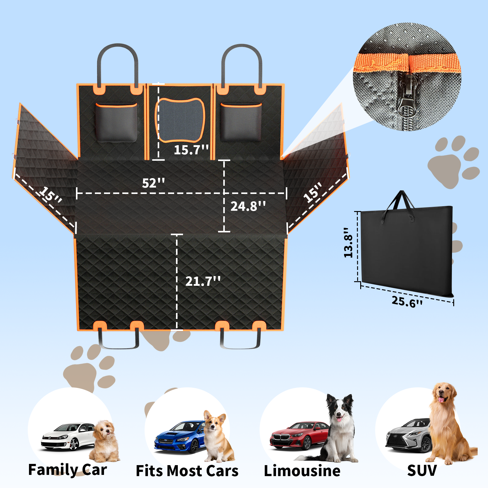 Dog Car Seat Cover For Back Seat With Detachable Hard Bottom, Holds 400Lbs, Back Seat Extender For Dog With Mesh Windor And Storage Pocket, Fit For Car, Suv, Truck, Orange Orange Cotton