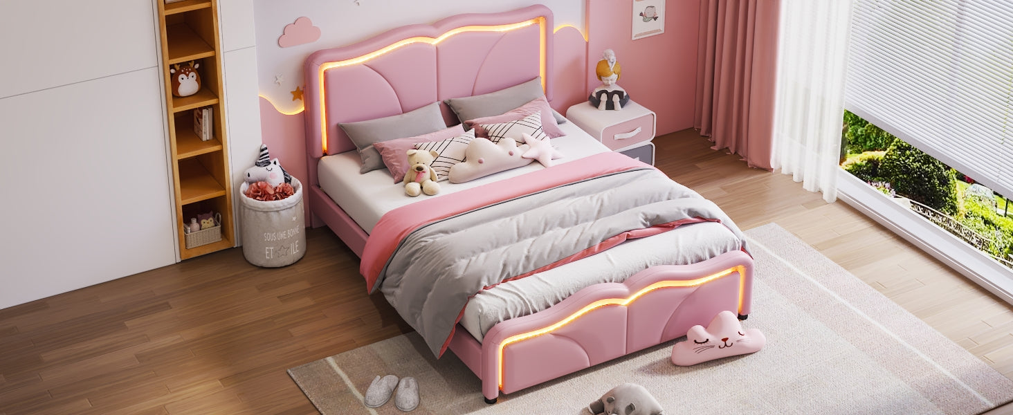 Full Size Upholstered Platform Bed With Curve Shaped And Height Adjustbale Headboard,Led Light Strips,Pink Full Pink Upholstered