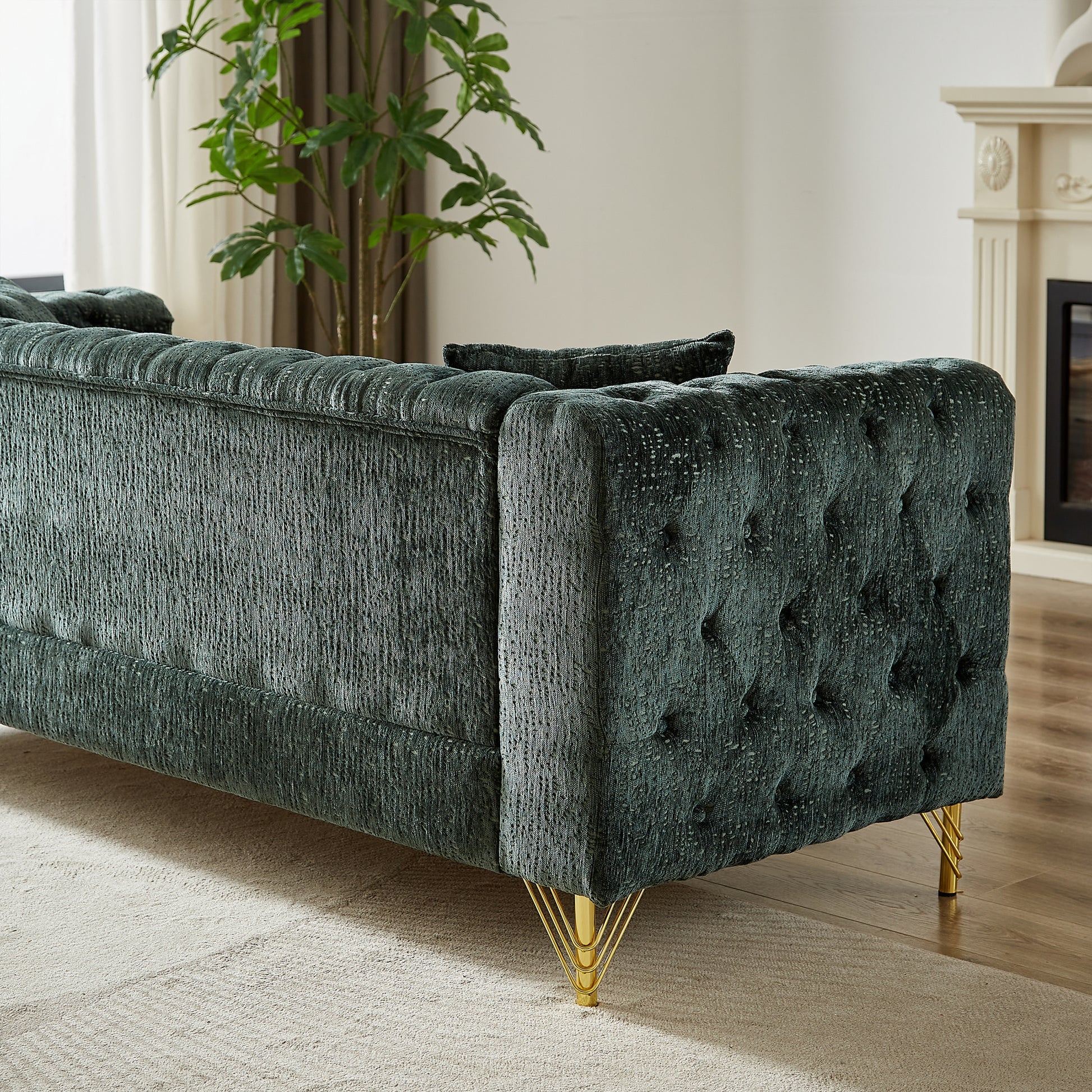 82 Inch Chenille Pull Buckle Design Sofa For Living Room,Buttons Tufted With Copper Nail Decoration Armrest, Modern Couch Upholstered Button And Metal Legs Green Foam Chenille 3 Seat
