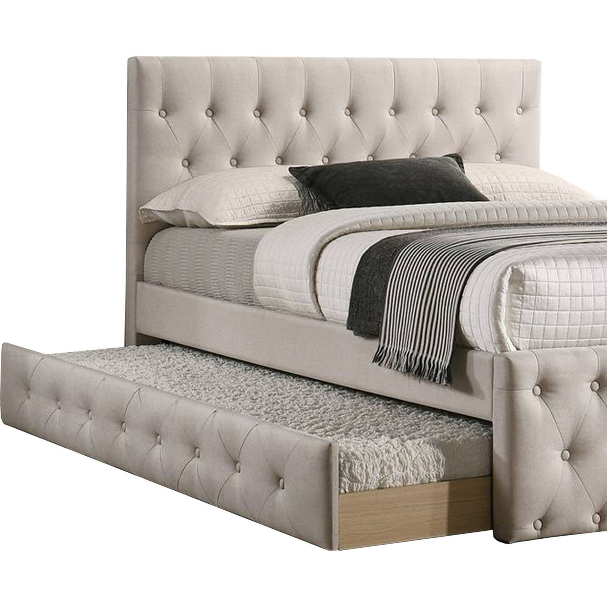 Nek Wood Twin Size Upholstered Bed With Trundle, Tufted, Taupe Burlap Frame Twin Taupe Mdf