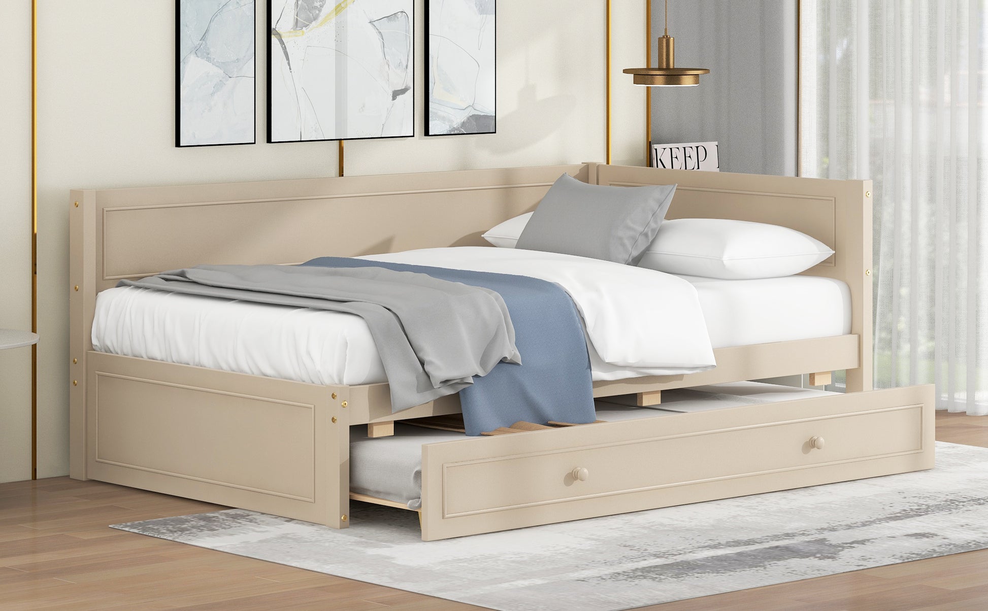 Twin Size Wood Daybed With Trundle And Guardrail, Beige Box Spring Not Required Beige Wood Solid Wood Mdf