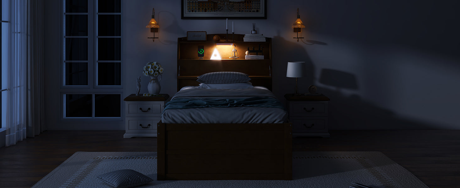 Twin Size Wooden Led Platform Bed With Trundle, With Storage Headboard, With Drawers, Brown Twin Brown Plywood