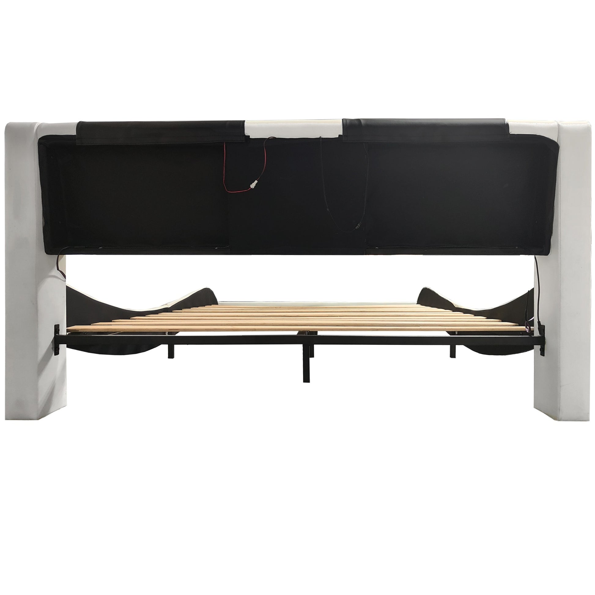 Faux Leather Upholstered Platform Bed Frame With Led Lighting, Bluetooth Connection To Play Music Control, Backrest Vibration Massage, Curve Design, Wood Slat Support, Exhibited Speakers,King Size Box Spring Not Required King White Mdf