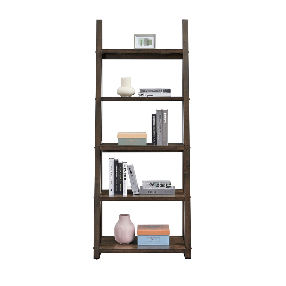 5 Tier Shelves,Bookshelf, Storage Rack, Bookcase With Rubber Wood Frame, Ladder Shelf For Living Room, Home Office, Kitchen, Bedroom, Apartment ,Rustic Brown Rustic Brown Solid Wood Mdf