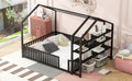 Full Size Metal House Bed With Fence And Detachable Storage Shelves, Black Full Black Metal