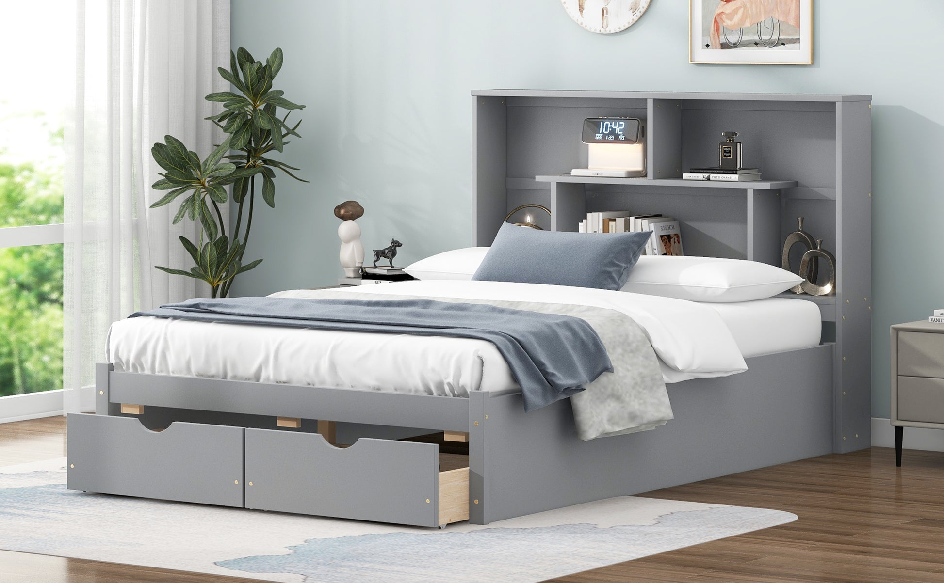 Full Size Platform Bed With Storage Headboard And 2 Drawers, Gray Box Spring Not Required Full Gray Wood Bedroom Bed Frame Solid Wood Mdf