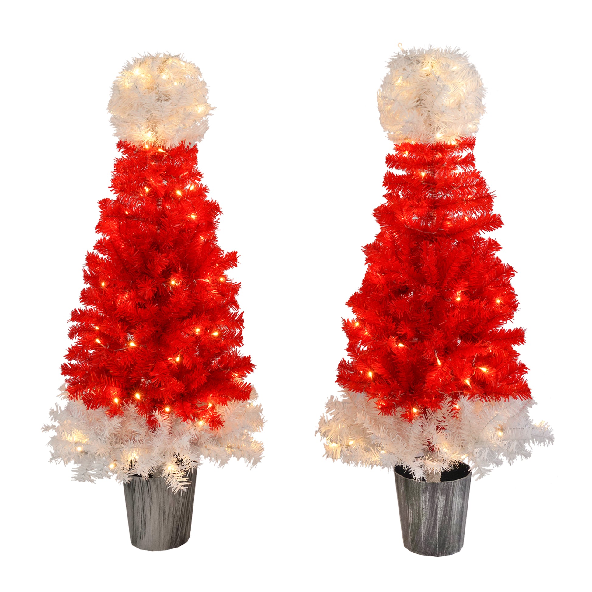 Lighted Santa Hat Style Christmas Tree Set Of 2, 4Ft Artificial Tree With Warm White Lights, Christmas Tree For Decoration Inside And Outside Red,White Pvc