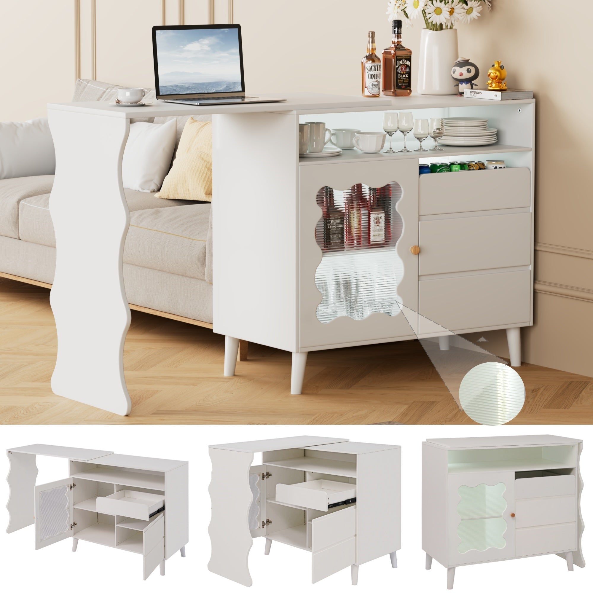 41" 79" L Shaped Table Desk Cabinet With Drawers, Led Lights White Dining Room Modern Mdf