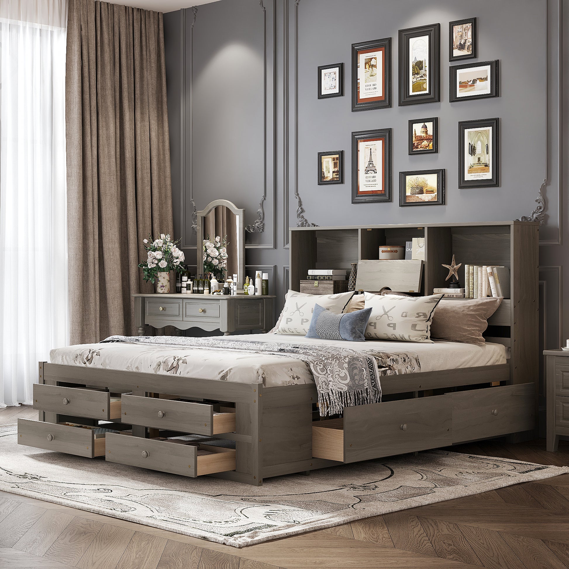 King Size Platform Bed With Storage Headboard And 8 Drawers, Gray Box Spring Not Required King Gray Wood Bedroom Bed Frame Solid Wood Mdf