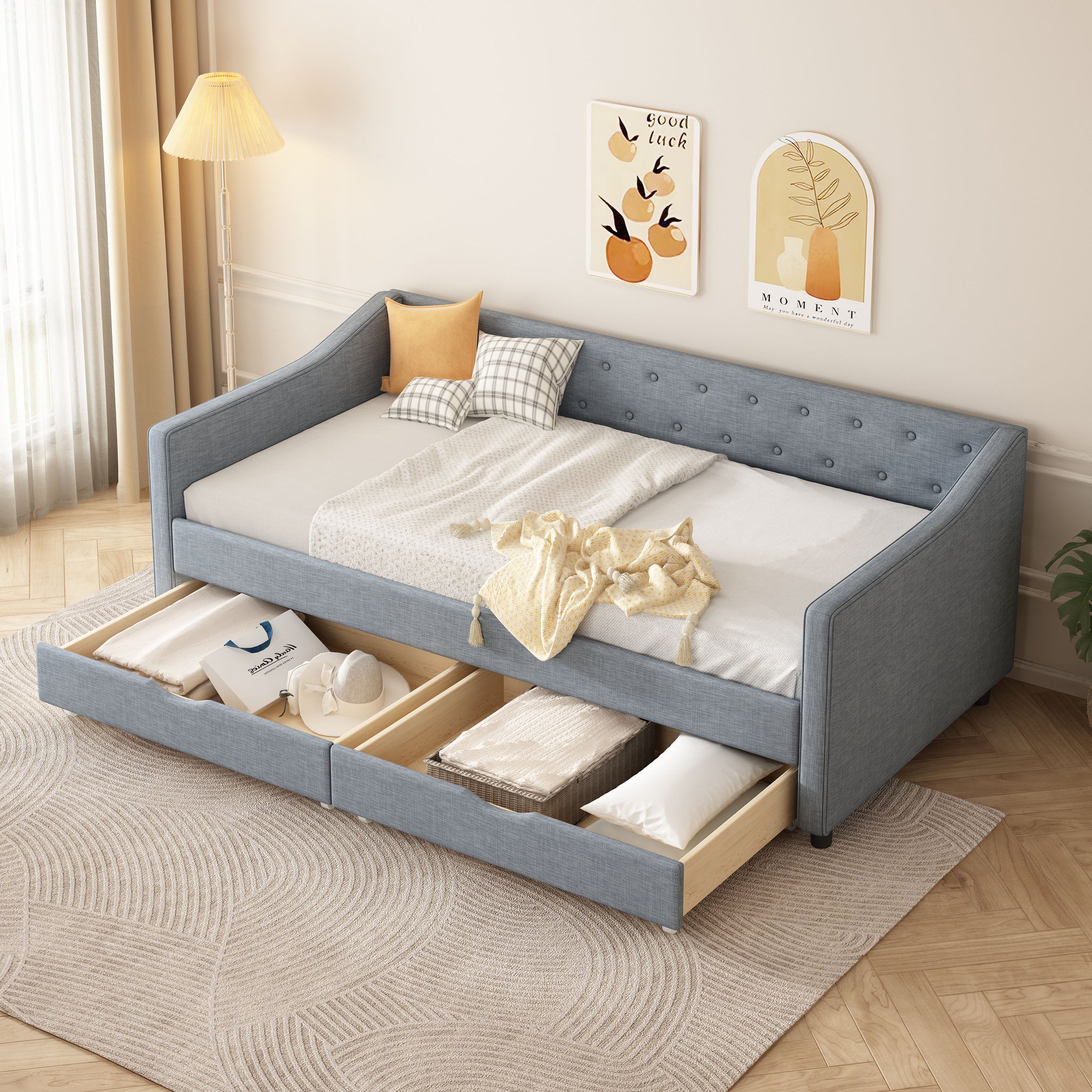 Twin Size Daybed With Drawers Upholstered Tufted Sofa Bed, With Button On Back And Piping On Waved Shape Arms Light Grey Twin Light Grey Wood Fabric