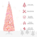 Homcom 7.5Ft Prelit Snow Flocked Artificial Christmas Tree With Pencil Shape, Pine Realistic Branches, Warm White Led Lights, Auto Open, Pink And White Pink Plastic