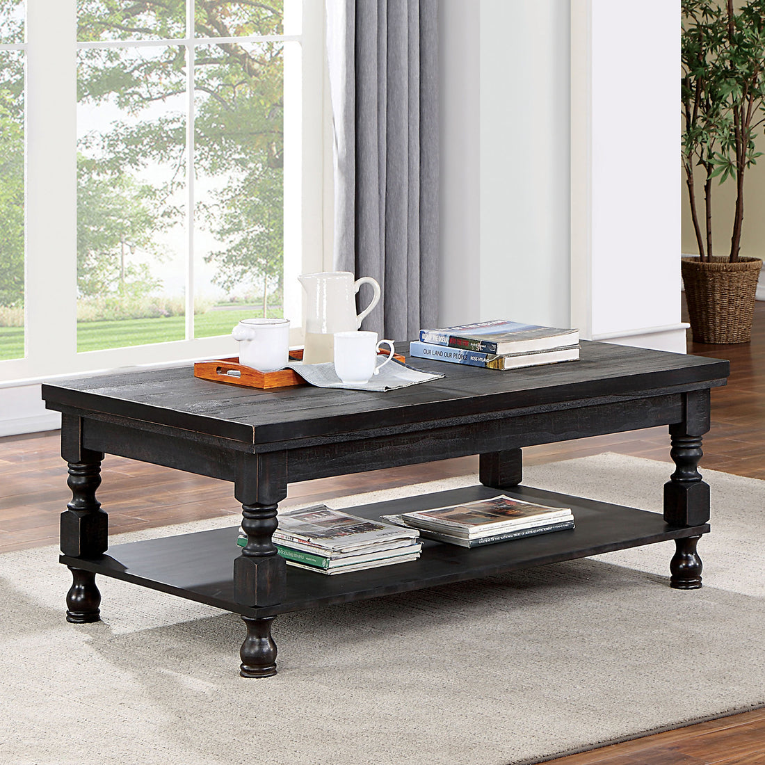 Rustic Style Antique Black 1Pc Coffee Table Open Bottom Shelf Plank Style Table Top Living Room Furniture Antique Black Primary Living Space Classic,Contemporary,Modern,Rustic,Transitional Open Storage Rectangular Coffee & End Tables Solid Wood