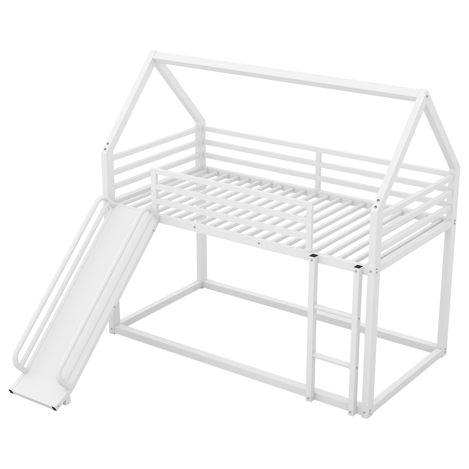 Twin Over Twin House Bunk Bed With Ladder And Slide,White Twin White Metal