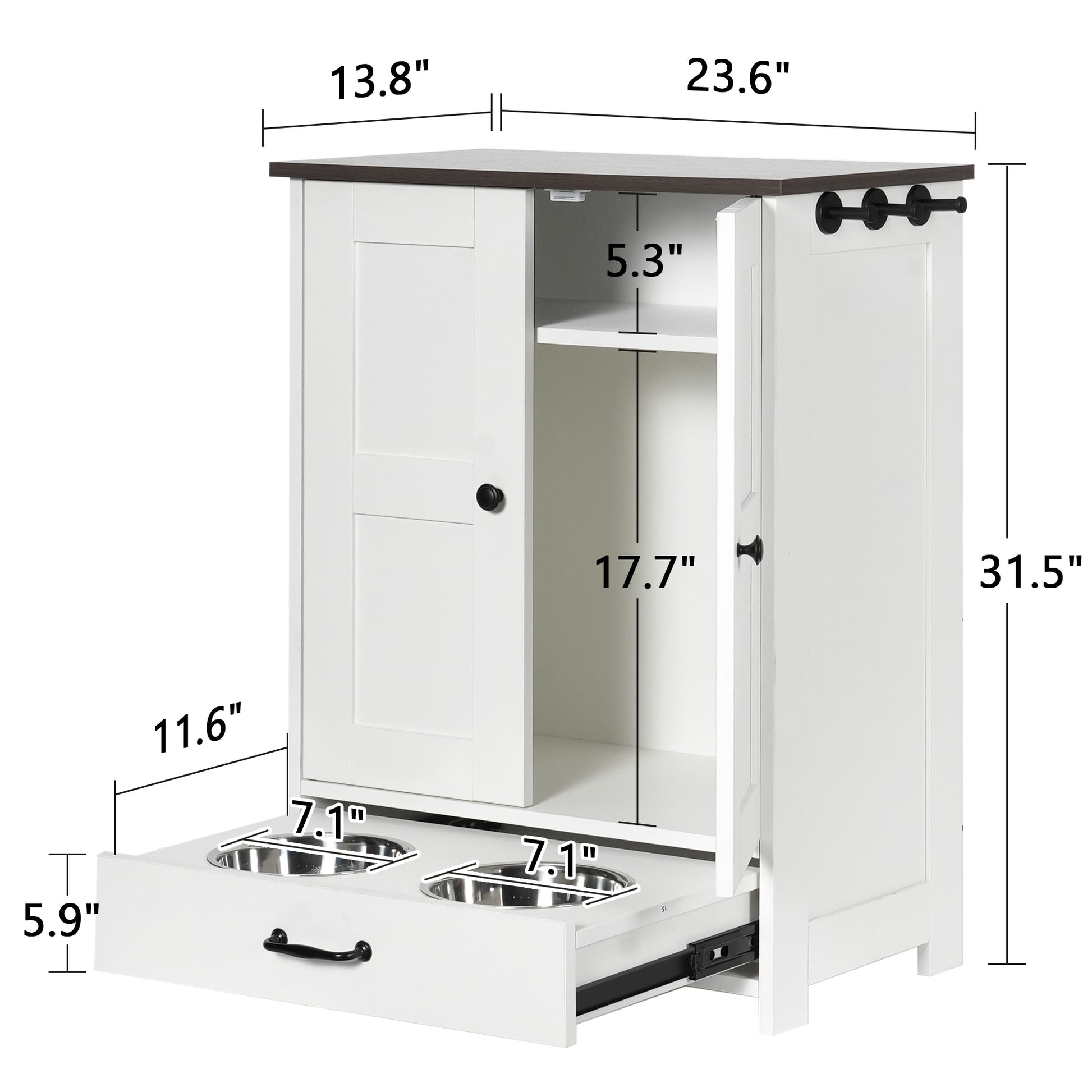 Dog Feeding Station, Dog Food Storage Cabinet With Hidden Dog Bowls, Adjustable Panel, Hooks, For Medium Sized Dogs, White White Deep Walnut American Design Particle Board