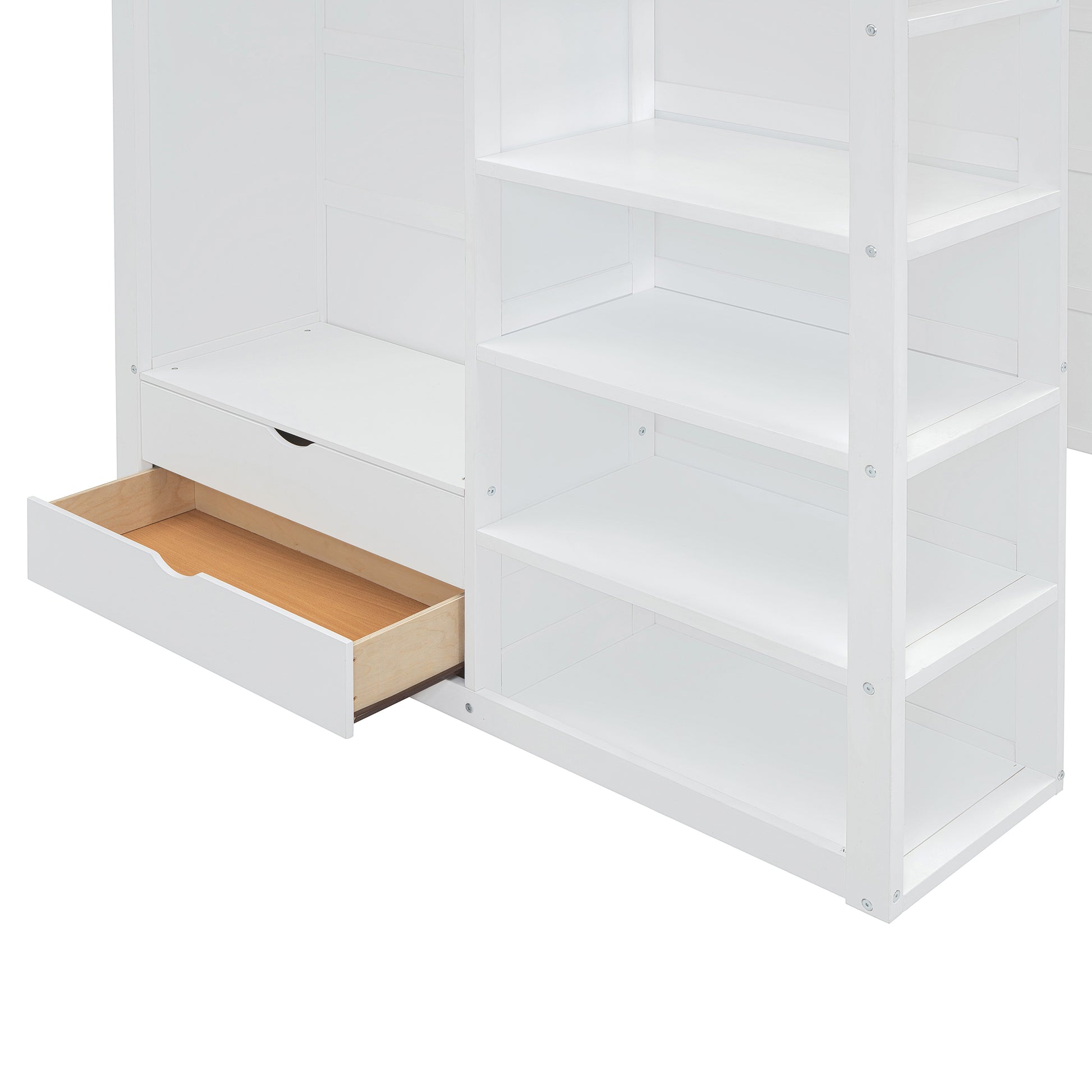 Full Size Loft Bed With Desk, Wardrobes, 4 Drawers And 4 Shelves White Full White Solid Wood