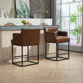 Coolmore Counter Height Bar Stools Set Of 2, Modern Barrel Bar Stool With Backrest And Arms, Black Metal Frames, Upholstered Bar Stools For Kitchen Island, Pub, Club Brown Pu Foam Pu Leather