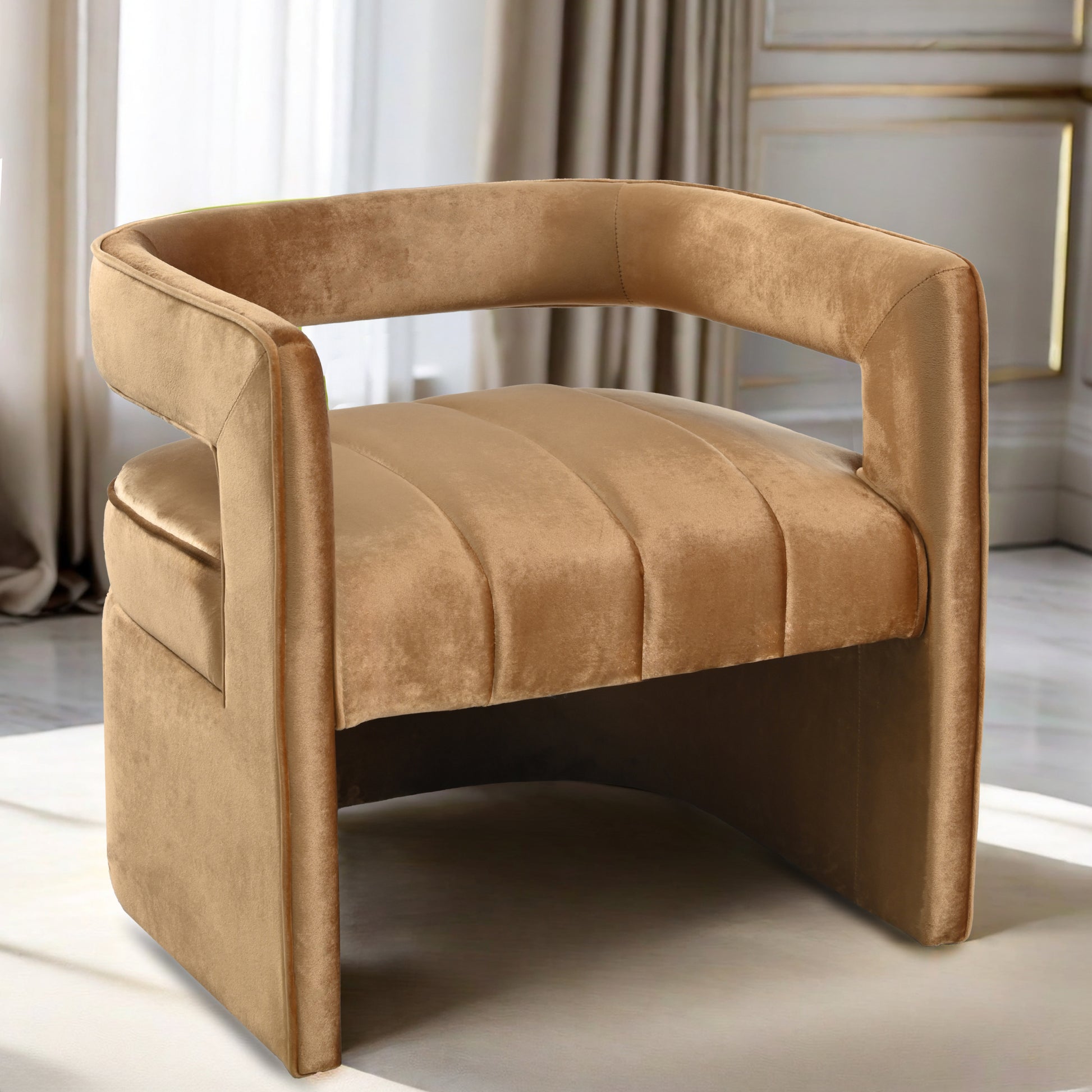 Modern Velvet Accent Chair With Ribbed Detail, Luxury Curved Fully Upholstered Accent Chair, Brown No Assembly Needed Brown Velvet