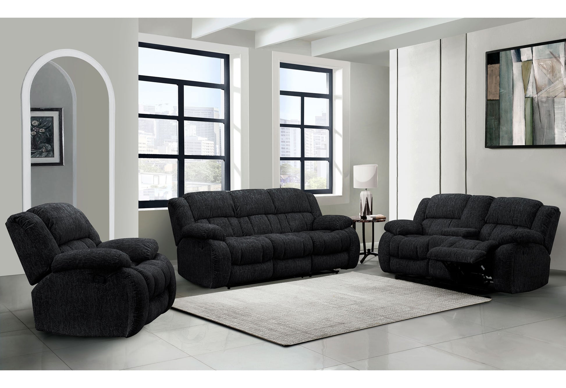 Stonic Ebony Reclining Sofa Black Fabric 3 Seat