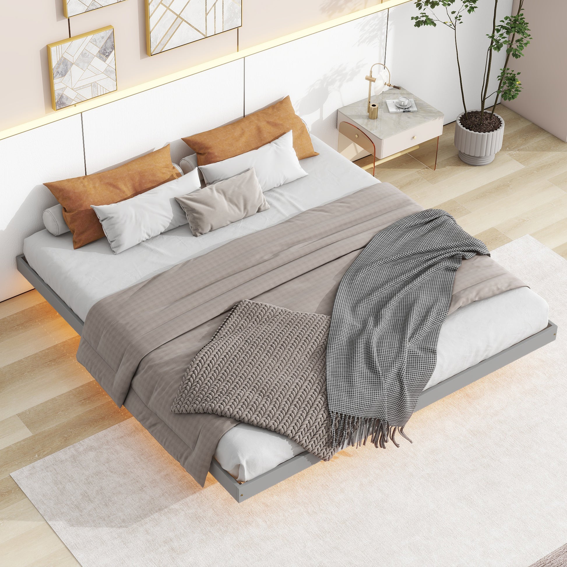 King Size Floating Bed With Led Lights Underneath,Modern King Size Low Profile Platform Bed With Led Lights,Grey King Grey Wood Bedroom American Design Pine Bed Frame Pine