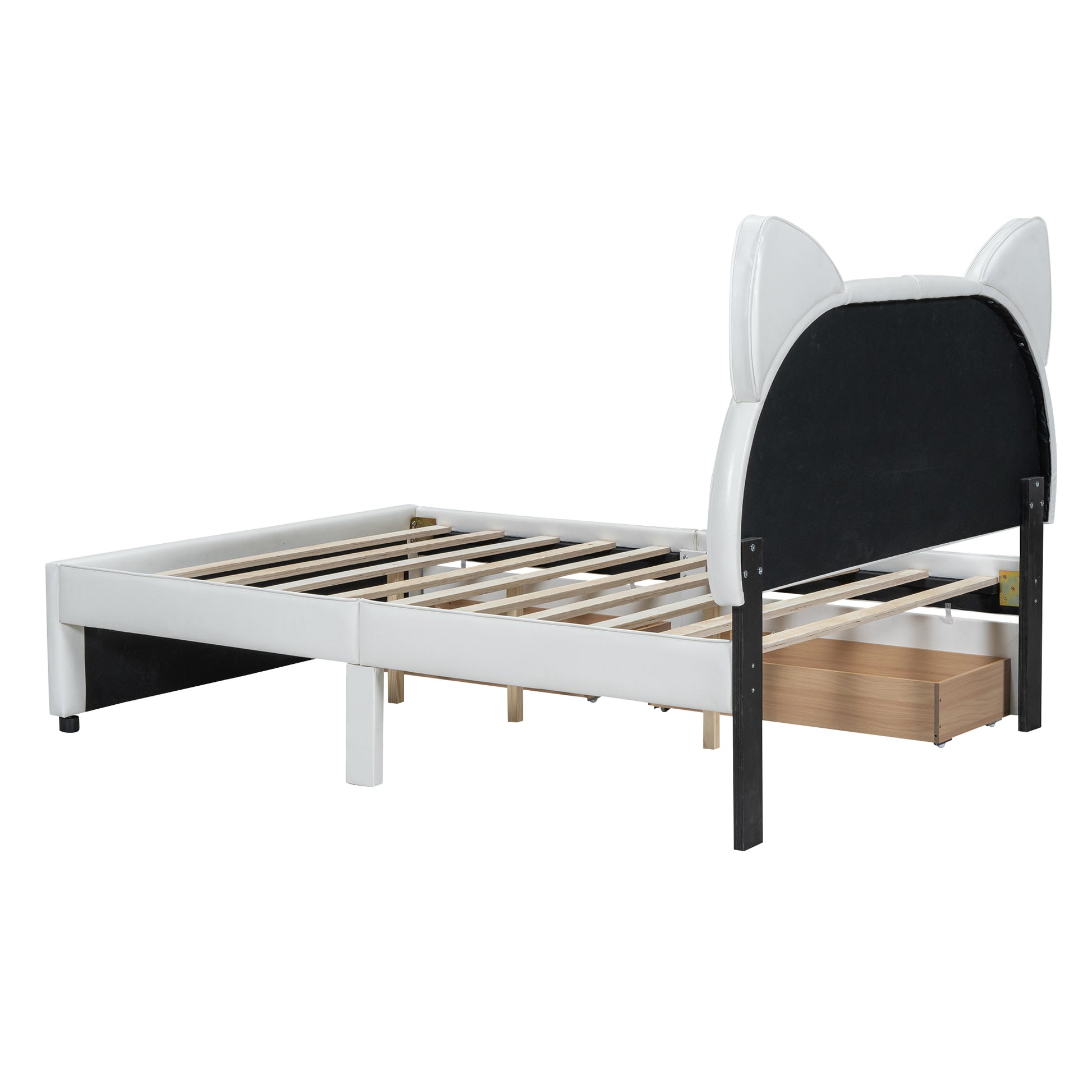 Full Size Upholstered Platform Bed With Cartoon Ears Shaped Headboard And 2 Drawers, White Box Spring Not Required Full White Wood Bedroom Bed Frame Faux Leather Upholstered