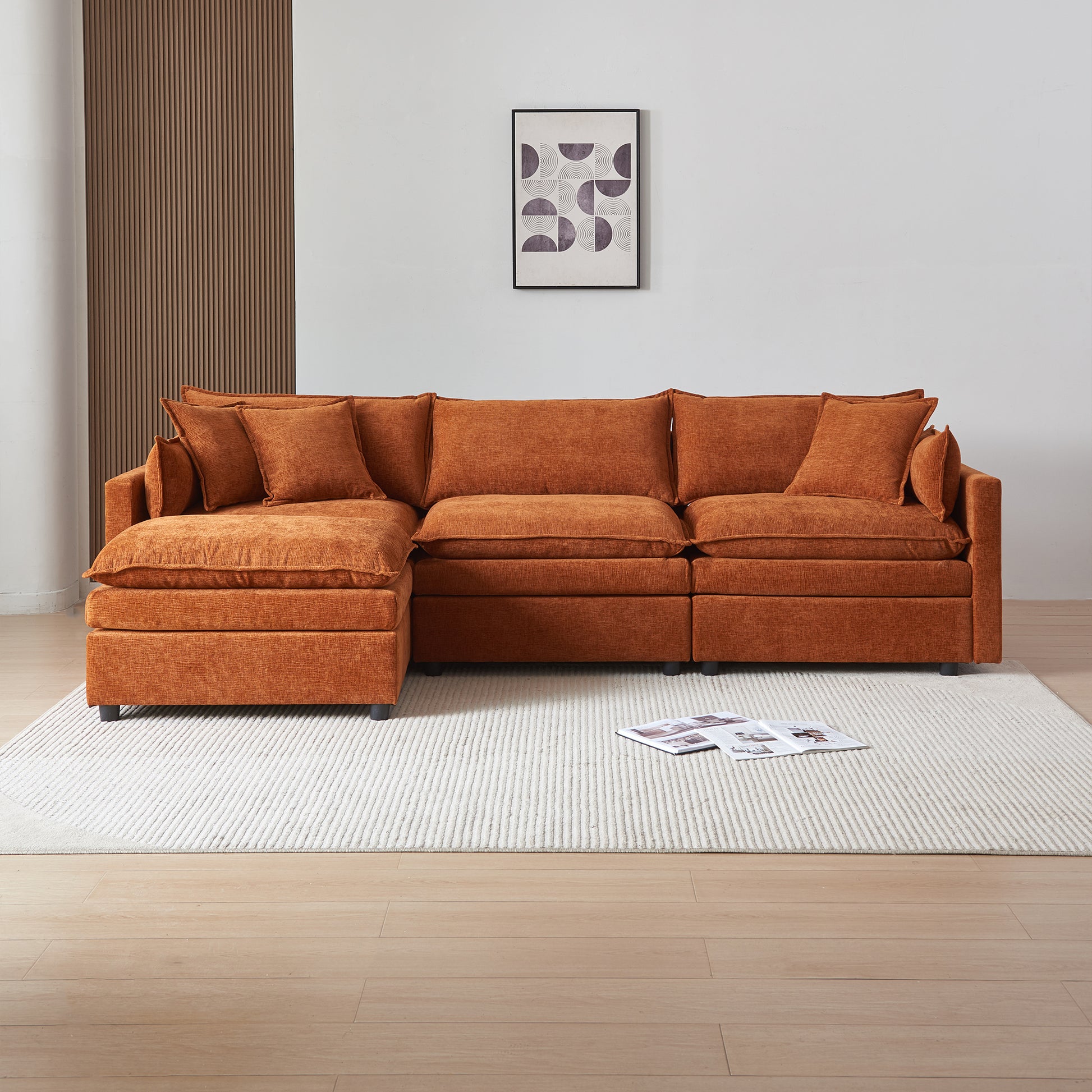 Modular L Shaped Sectional Sofa With Ottoman, Chenille Fabric Sofa Couch, Comfy Upholstered Furniture For Living Room, Apartment, Studio, Office Orange Wood Medium Soft Foam Chenille 4 Seat