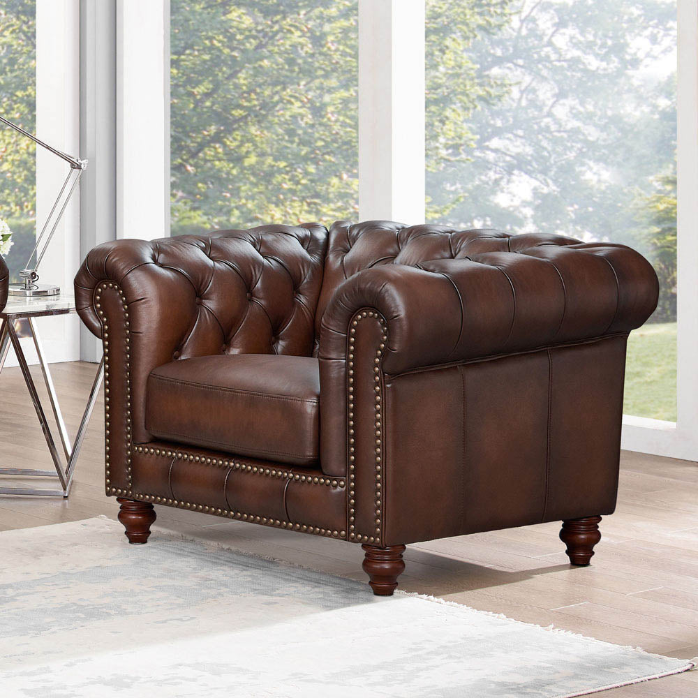 Alton Bay Top Grain Leather Chair Brown Primary Living Space Mid Century Modern Eucalyptus Down Filling Leather