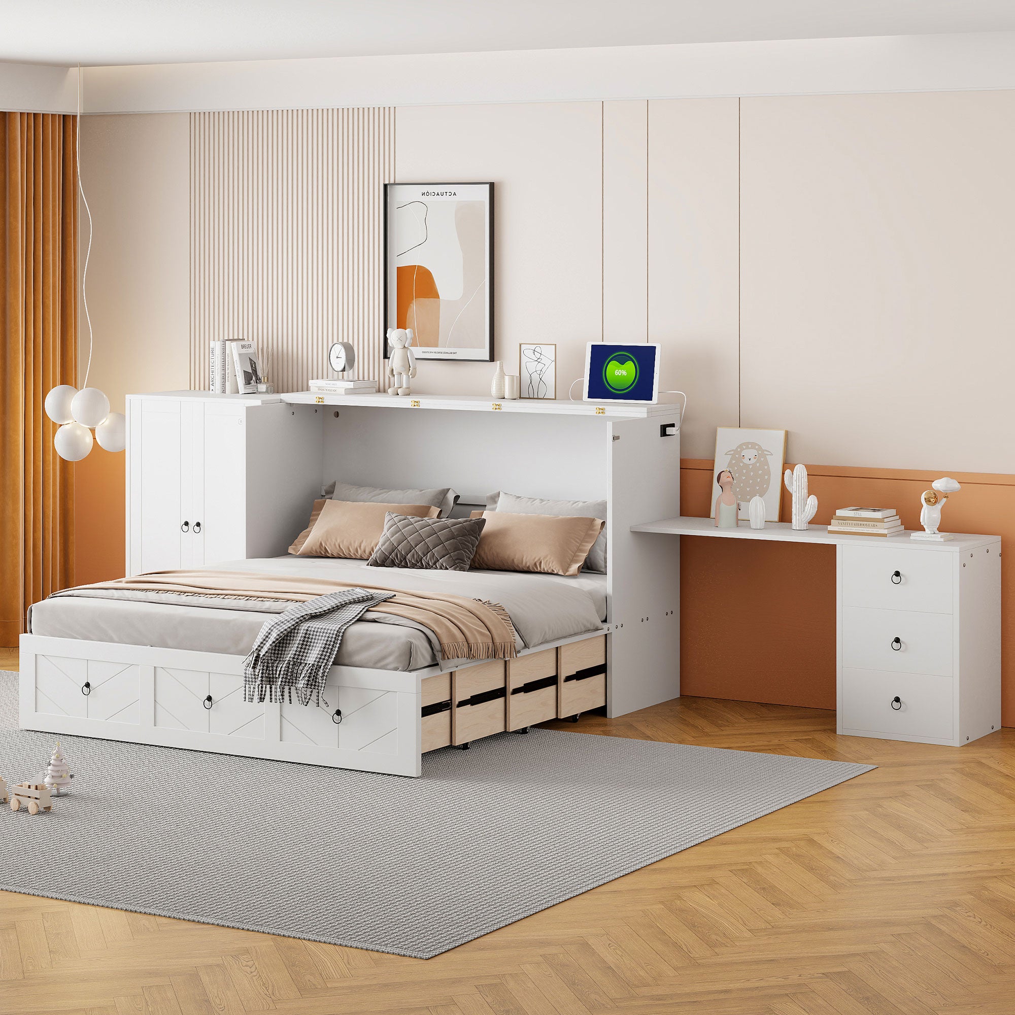 Queen Size Murphy Bed With Usb Port, Large Drawer, And Wardrobe Desk Combo Versatile White Cabinet Bed Queen White Solid Wood Mdf