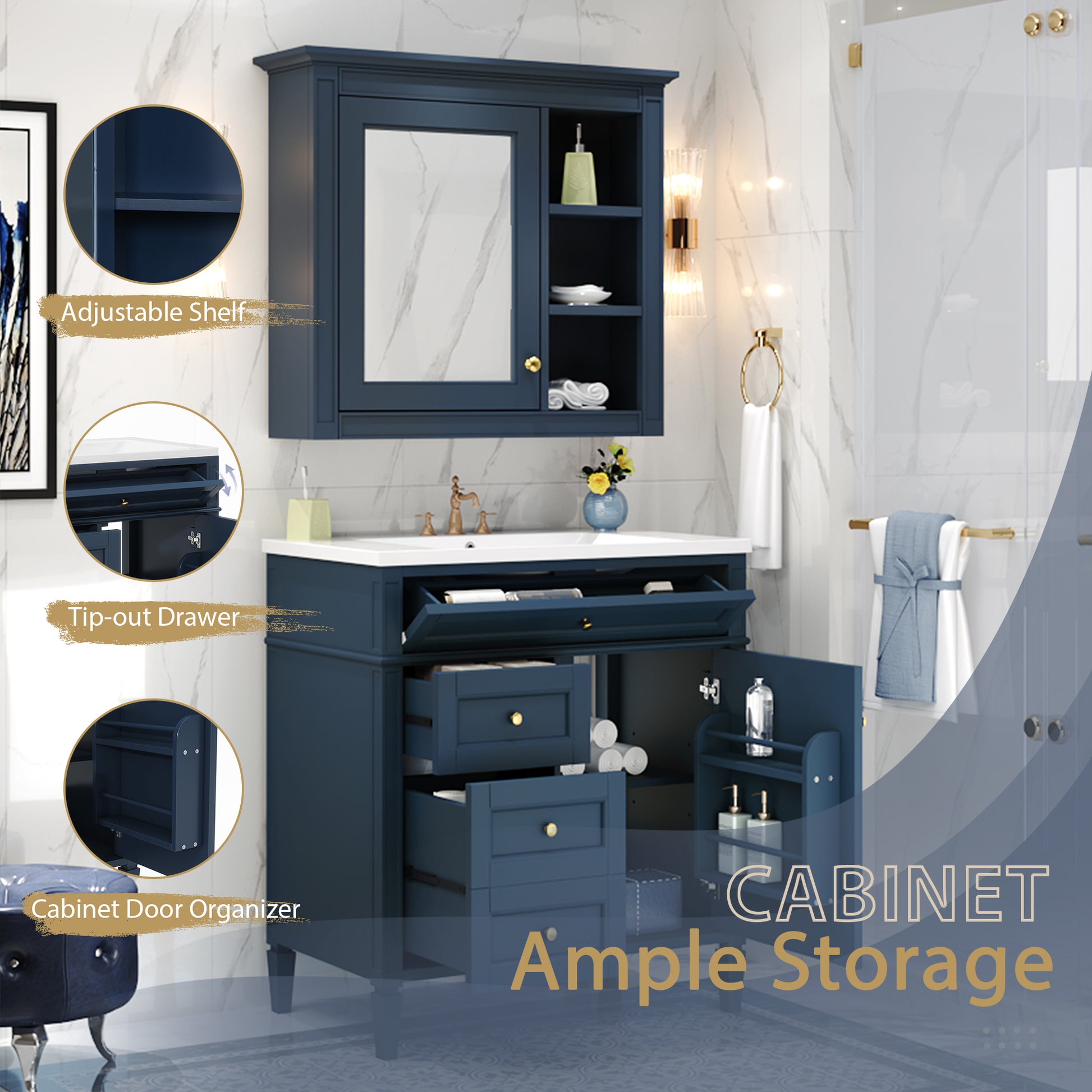 30'' Bathroom Vanity With Top Sink, Modern Bathroom Storage Cabinet With 2 Drawers And A Tip Out Drawer, Freestanding Vanity Set With Mirror Cabinet, Single Sink Bathroom Vanity 3 Blue 2 Mirror Included Bathroom Wall Mounted Modern Solid Wood Painted