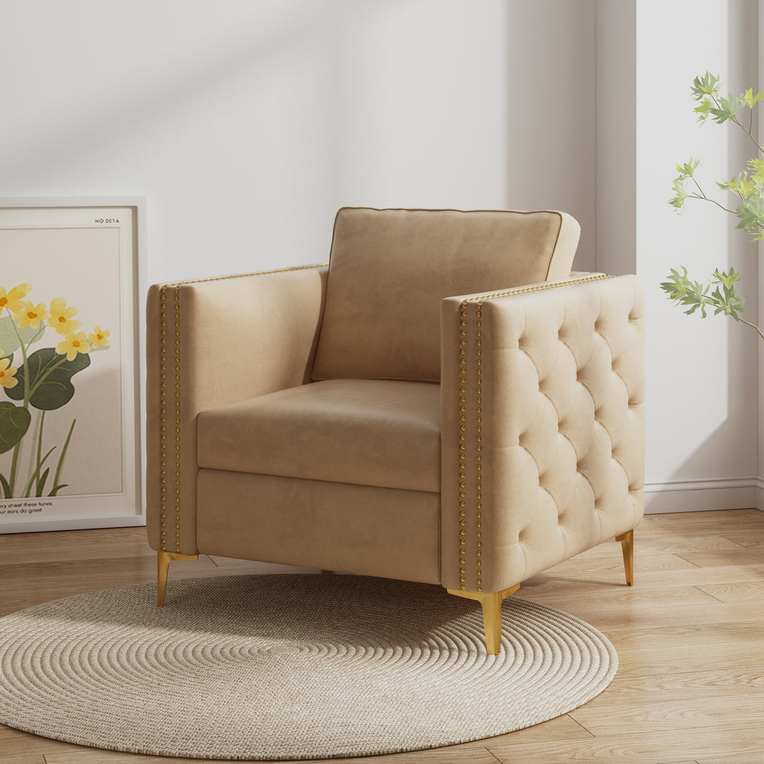 Accent Chair For Living Room Upholstered Arm Chair With Metal Legs Velvet Khaki Khaki Foam Fabric