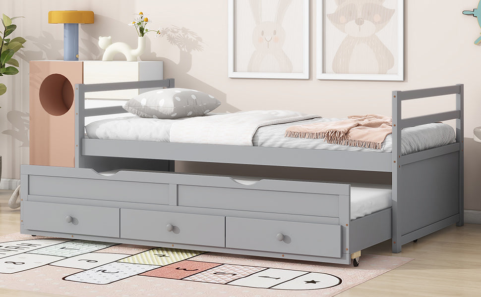 Twin Size Bed With Headboard, Footboard, Trundle And Three Storage Drawers, Twin Size Pine Wood Bed With Headboard, Footboard,Grey Twin Grey Pine