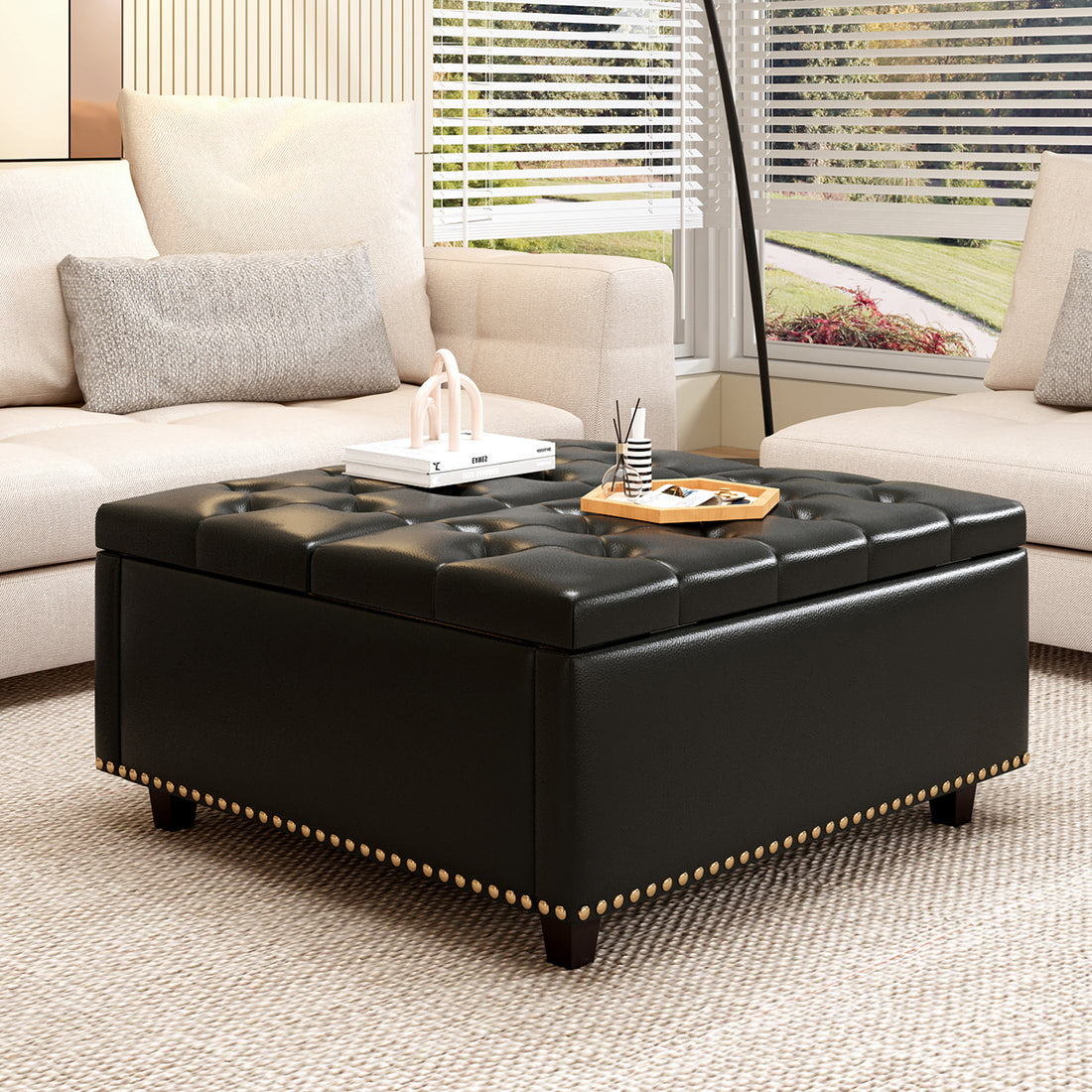 Large Square Storage Stool With Two Storage Doors, Footstool For Living Room Studded Mid Century Modern Coffee Table, Black Pu Leather Black Modern Foam Pu