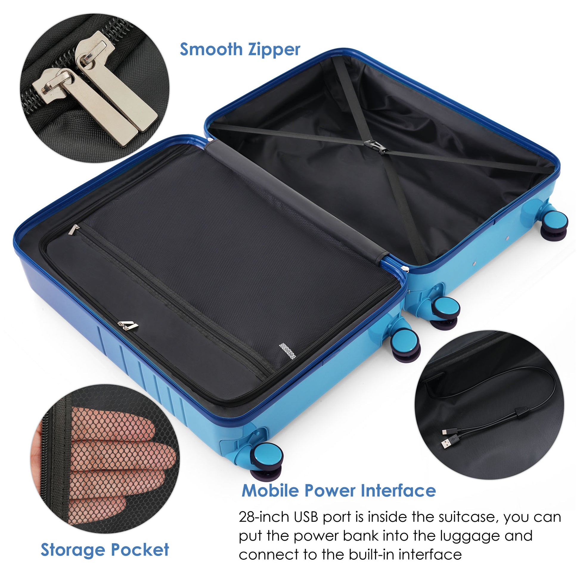 Luggage Set Of 3, 20, 24, 28Inch With Usb Port, 20, 24Inch With Front Opening Design Airline Certified Carry On Luggage With Cup Holder, Abs Pc Hard Shell Luggage With Spinner Wheels, Blue Blue Abs