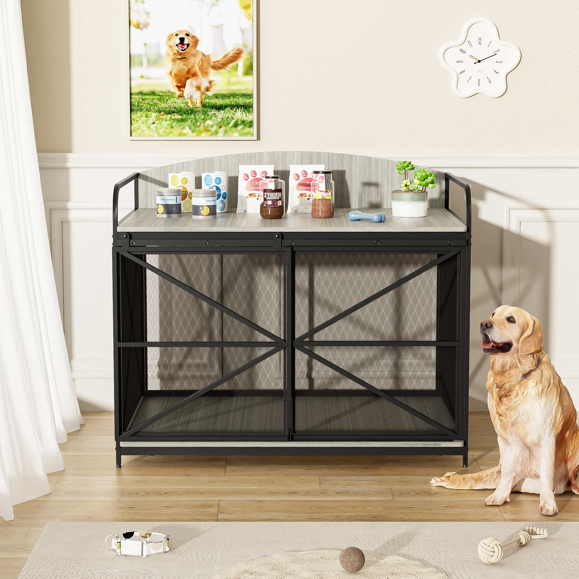 42.8" Heavy Duty Large Dog Crate Furniture For Large Medium Dog, Farmhouse Wooden Dog Kennel Indoor End Table, Decorative Pet House For Large Dogs, Gray Gray Pet Barrier Large 41 70 Lbs Iron,Mdf
