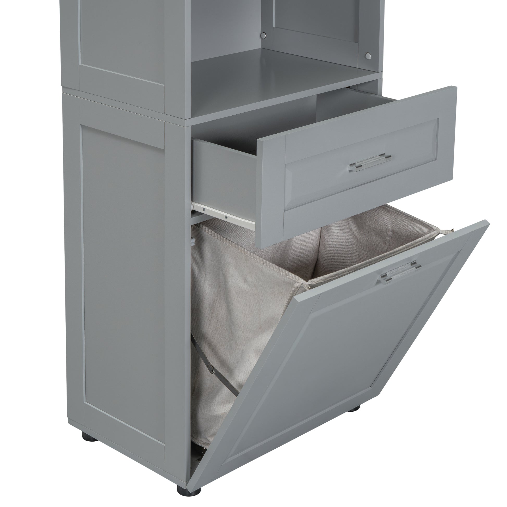 Tall Bathroom Cabinet With Laundry Basket, Large Storage Space Tilt Out Laundry Hamper And Upper Storage Cabinet, Grey Grey Mdf