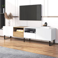 Modern Tv With 2 Cabinets& Open Storage Compartment, Color Matching Media Console Table For Tvs Up To 85'', Entertainment Center With Drop Down Door For Living Room, Bedroom, Home Theatre Wood Brown Primary Living Space 70 79 Inches 90 Inches Or Larger